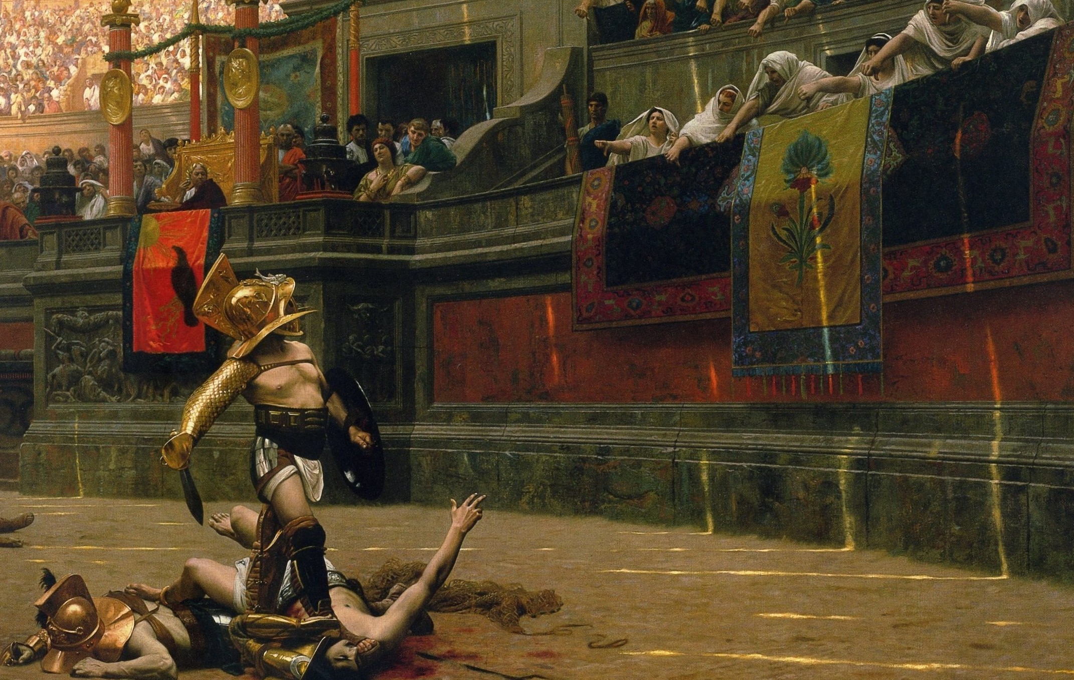 A gladiator deciding to kill or spare his opponent