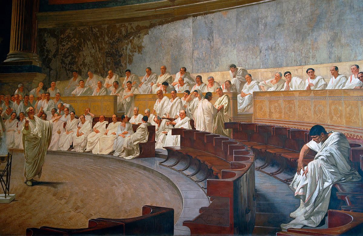 The Roman Senate in session, depicting senators debating laws and political matters during the Roman Republic and Empire