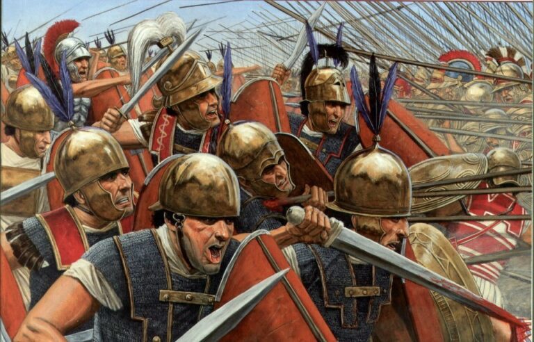 Close-up of Roman soldiers in manipular formation fighting Greek phalanx soldiers, illustrating ancient battlefield tactics
