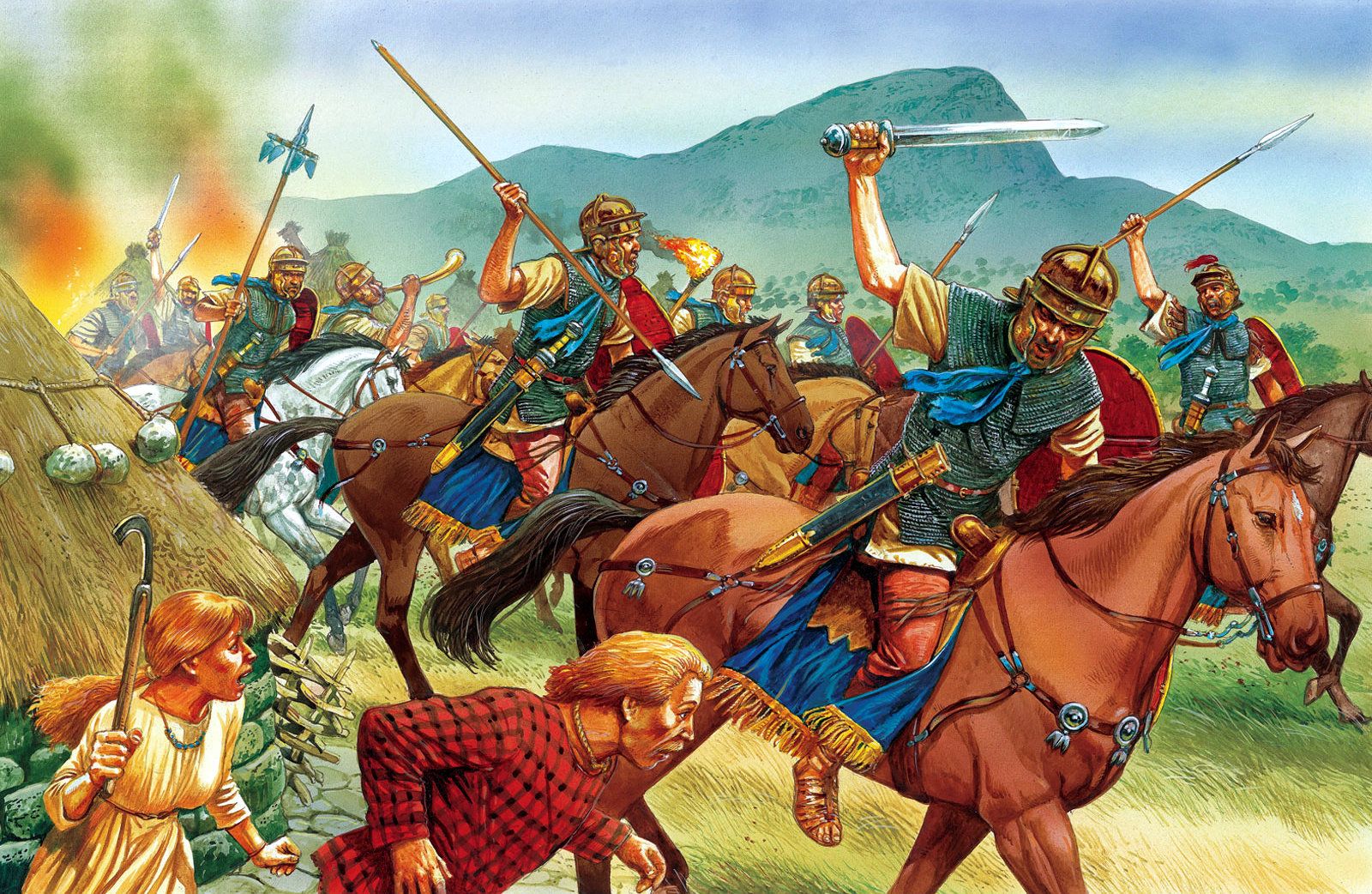 Roman cavalry raiding a British village, illustrating military operations during the Roman conquest of Britain
