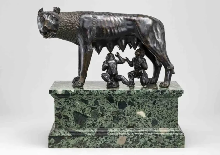 Statue of the Capitoline Wolf, depicting the she-wolf nursing Romulus and Remus, symbolizing the legendary founding of Rome