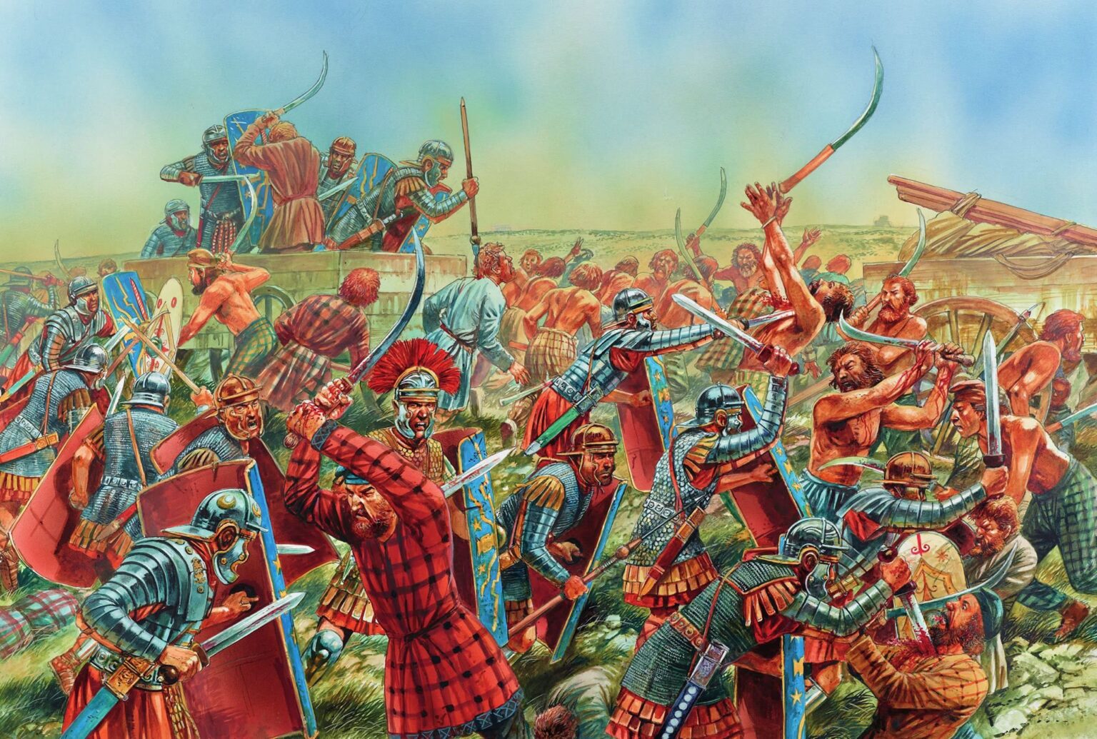 Armored Roman legionaries engaged in melee combat with Dacian warriors, showing close-quarter fighting during the Dacian Wars