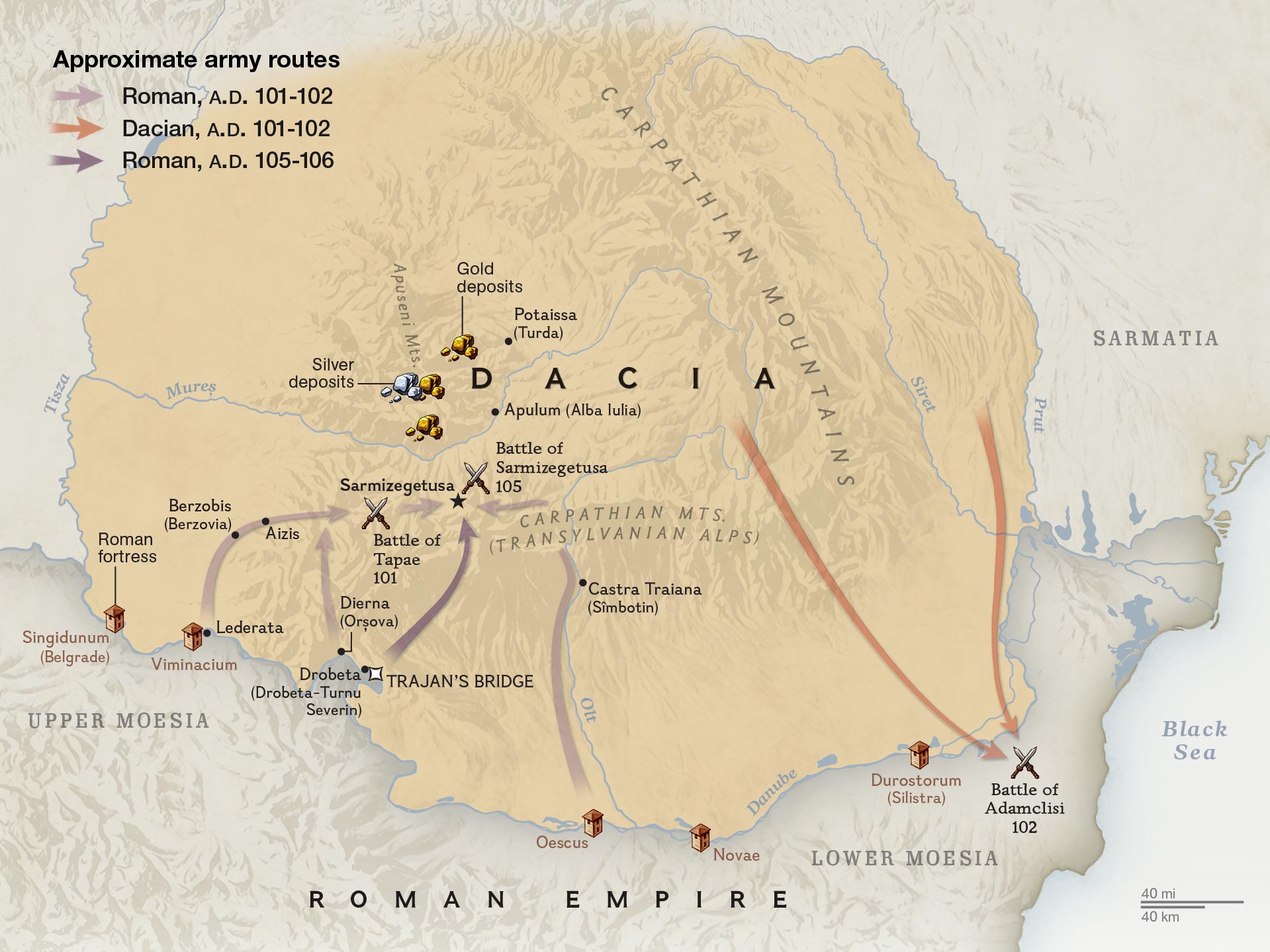 Map of Dacia during 101–106 A.D., showing Roman campaigns and territorial boundaries during the Dacian Wars