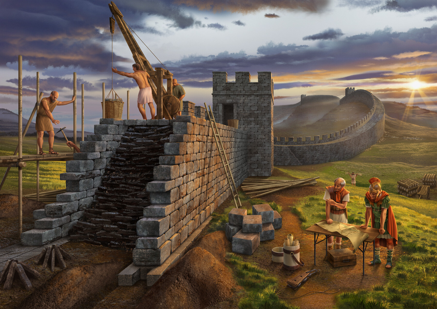 Painting depicting the construction of Hadrian’s Wall by Roman soldiers, illustrating frontier defense in Roman Britain