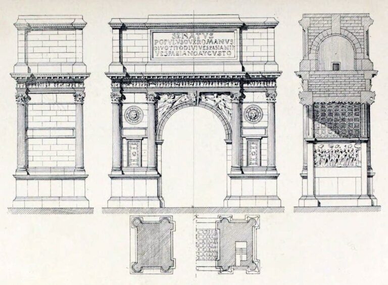 Technical drawing showing multiple angles of a Roman triumphal arch, highlighting its architectural structure and decorative elements