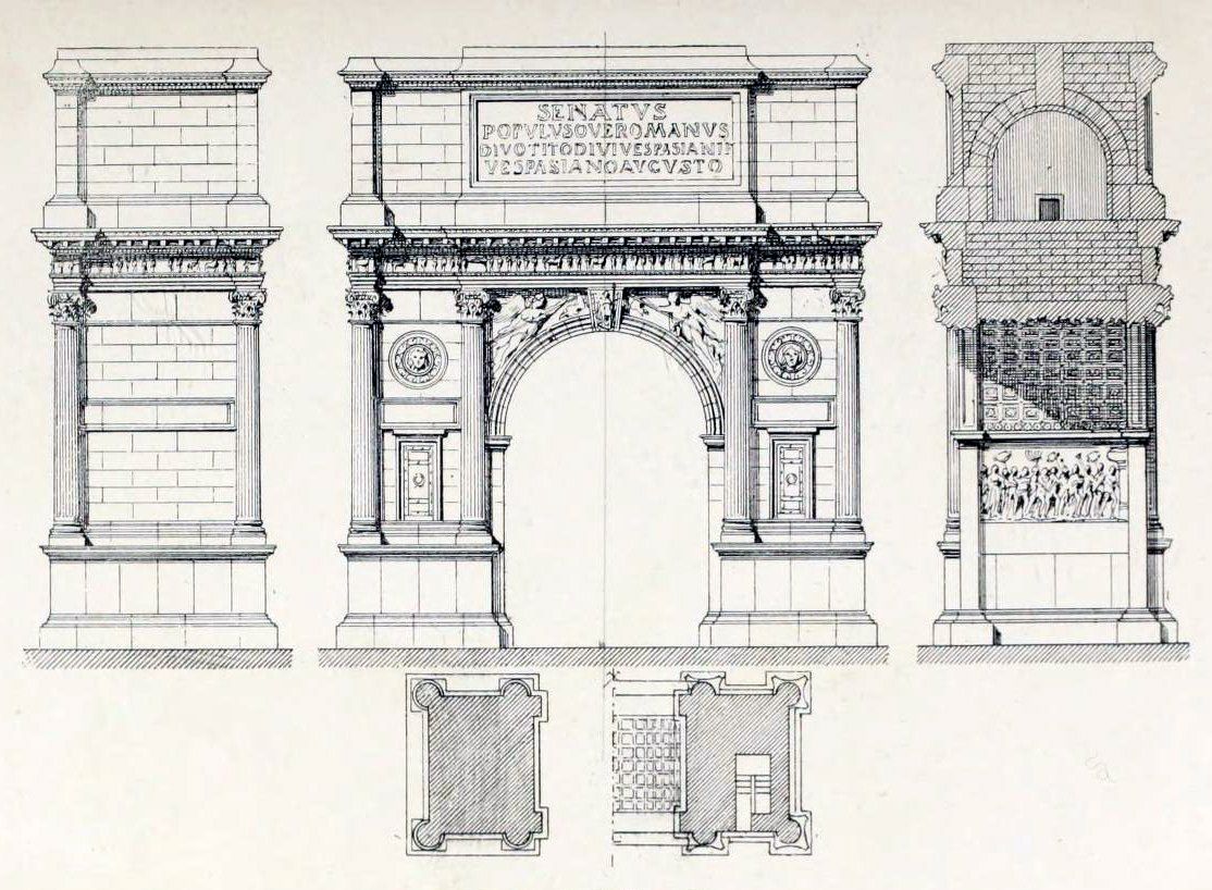 Technical drawing showing multiple angles of a Roman triumphal arch, highlighting its architectural structure and decorative elements