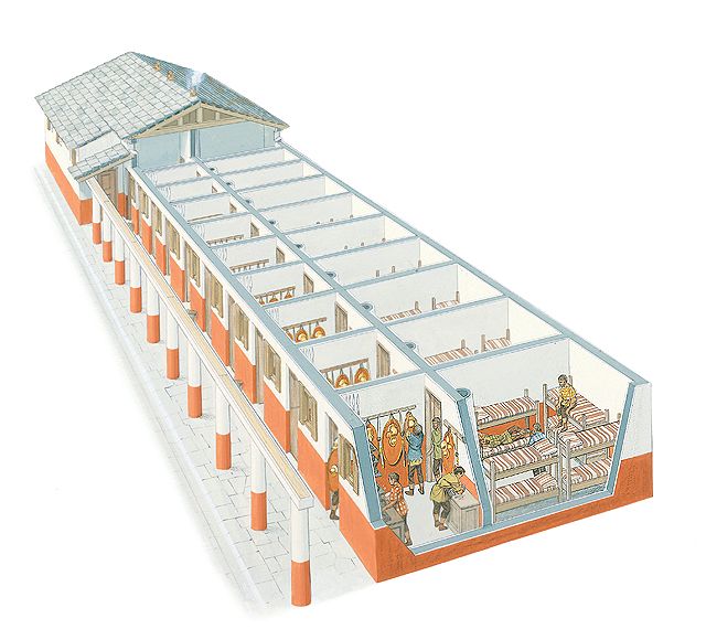 Open view of a Roman barracks, showing soldier housing, training areas, and organized military layout