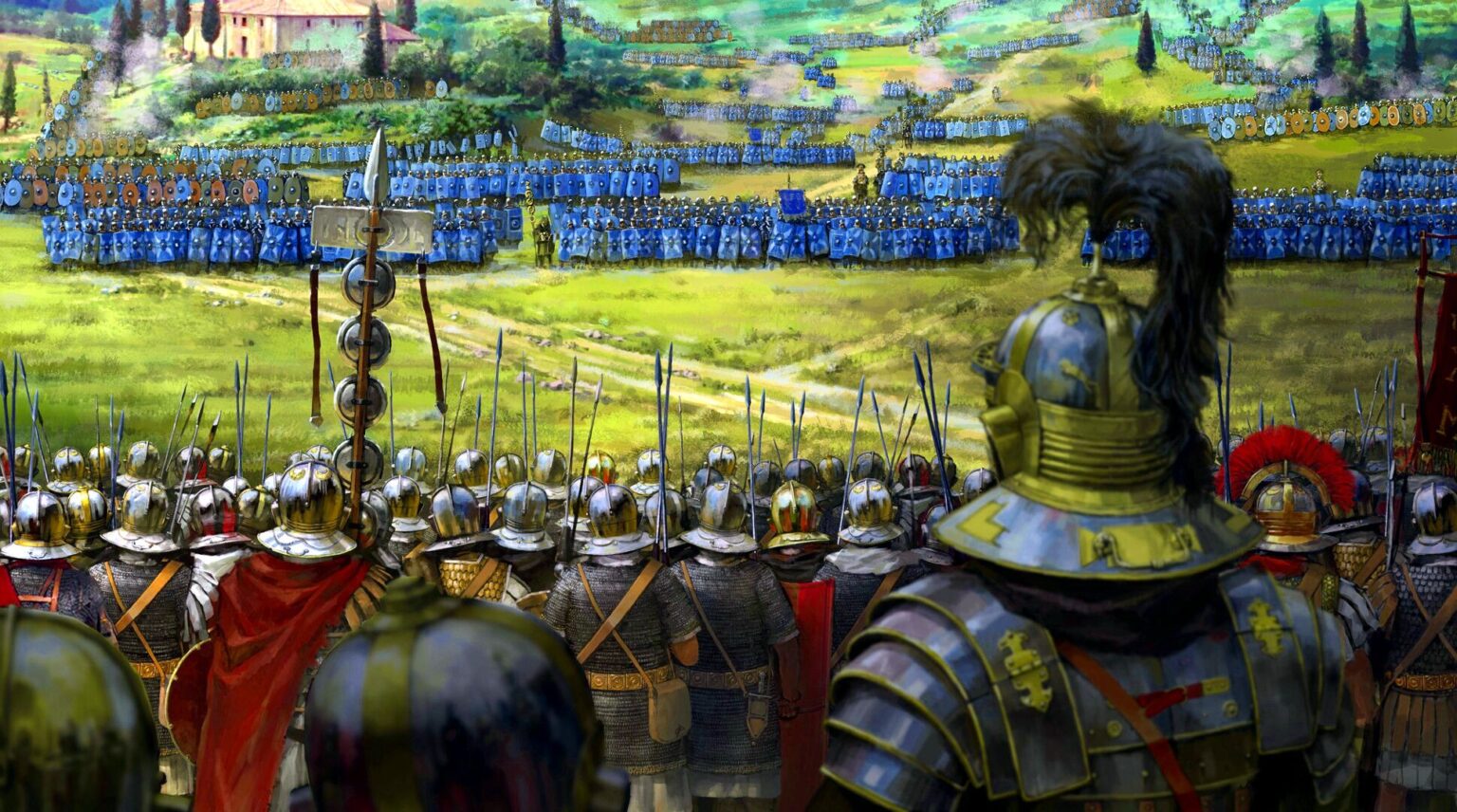 Pompey’s army in blue and Caesar’s army in red facing each other across a small valley, depicting the tense standoff during the Roman civil war