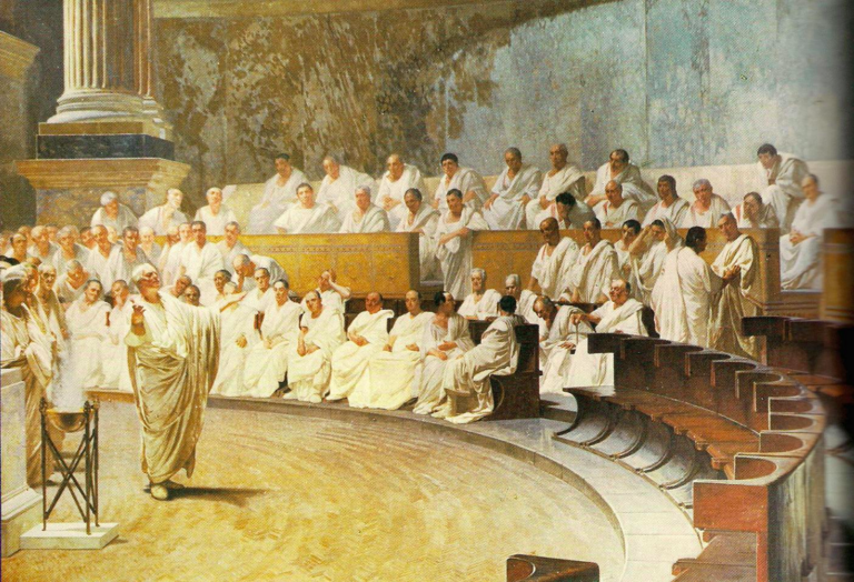 The Roman Senate chamber, depicting senators in session during the Roman Republic and Empire