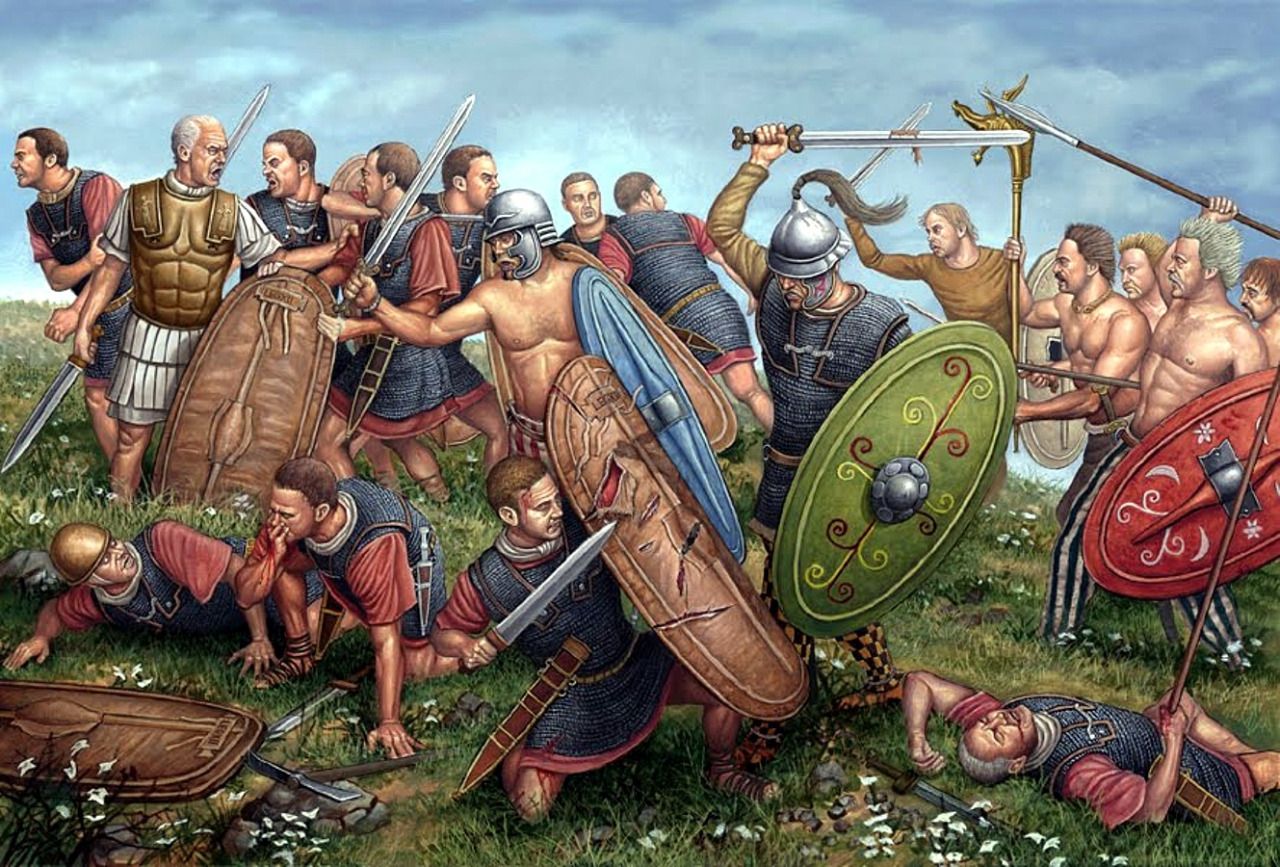 Roman soldiers losing a skirmish against Briton warriors, illustrating early resistance to Roman expansion in Britain
