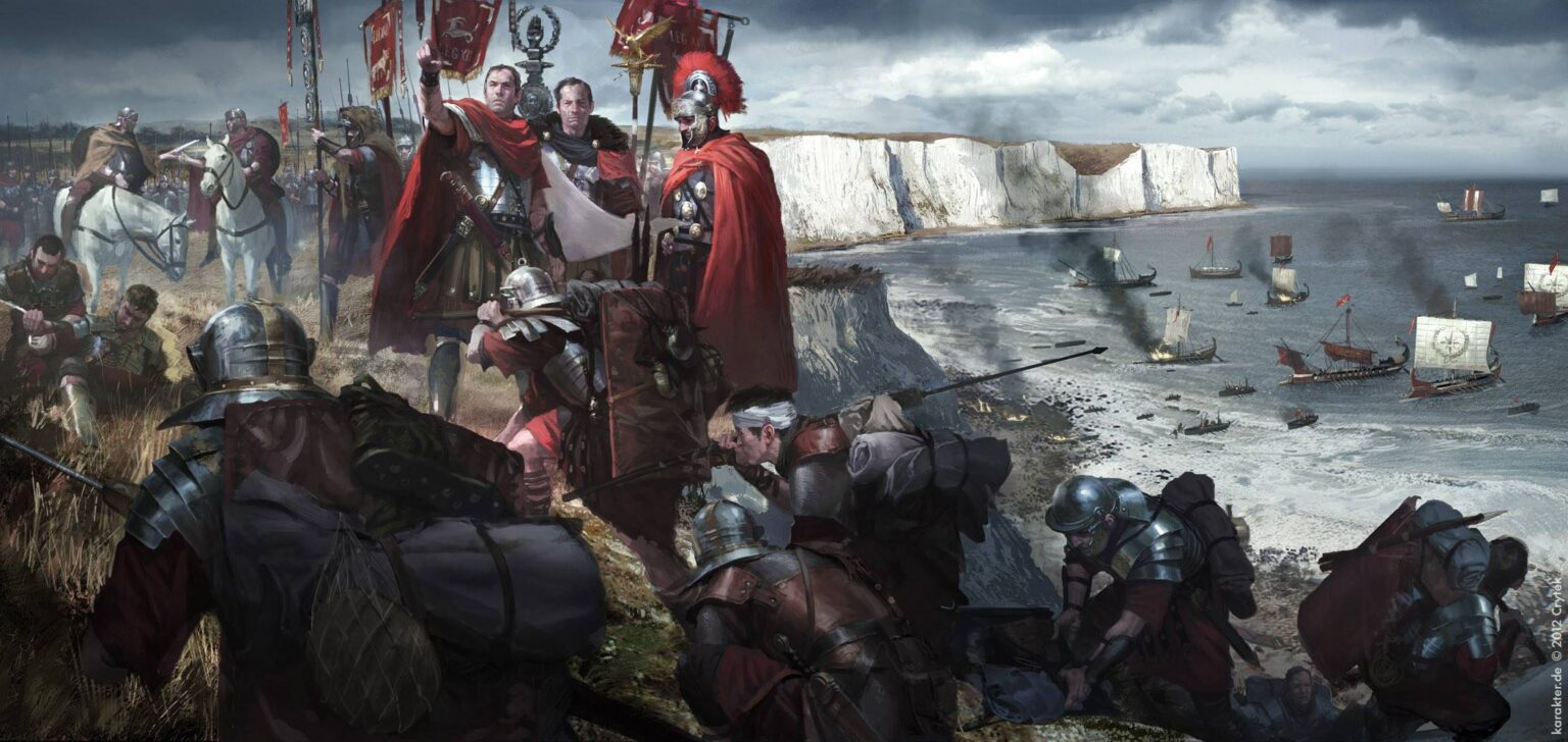 Dramatic Roman landing in Britain, showing legions advancing ashore during the Roman invasion of Britain