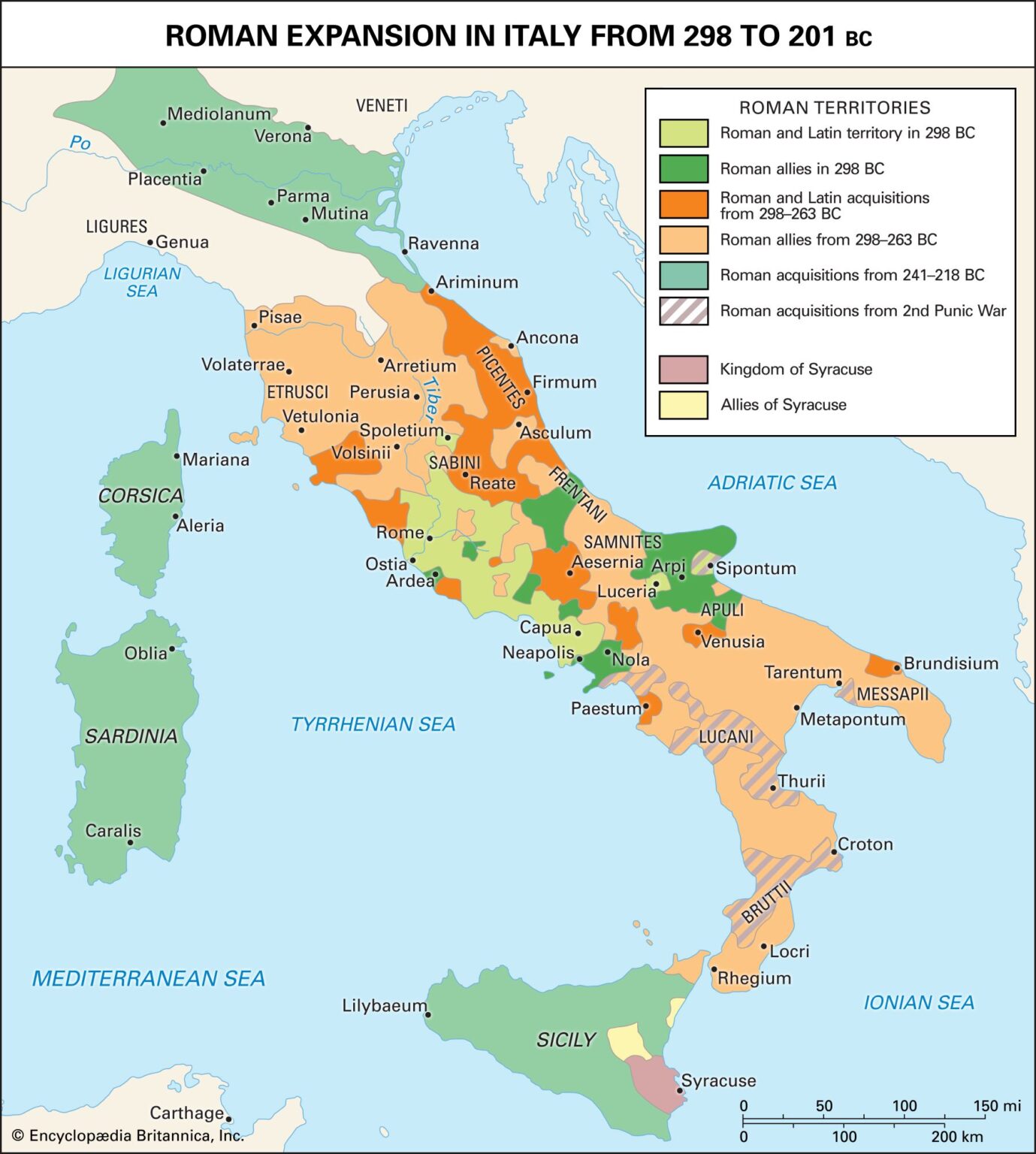 Map of Roman expansion across Italy from 298 to 201 B.C., showing conquered territories, key cities, and Roman influence during the early Republic