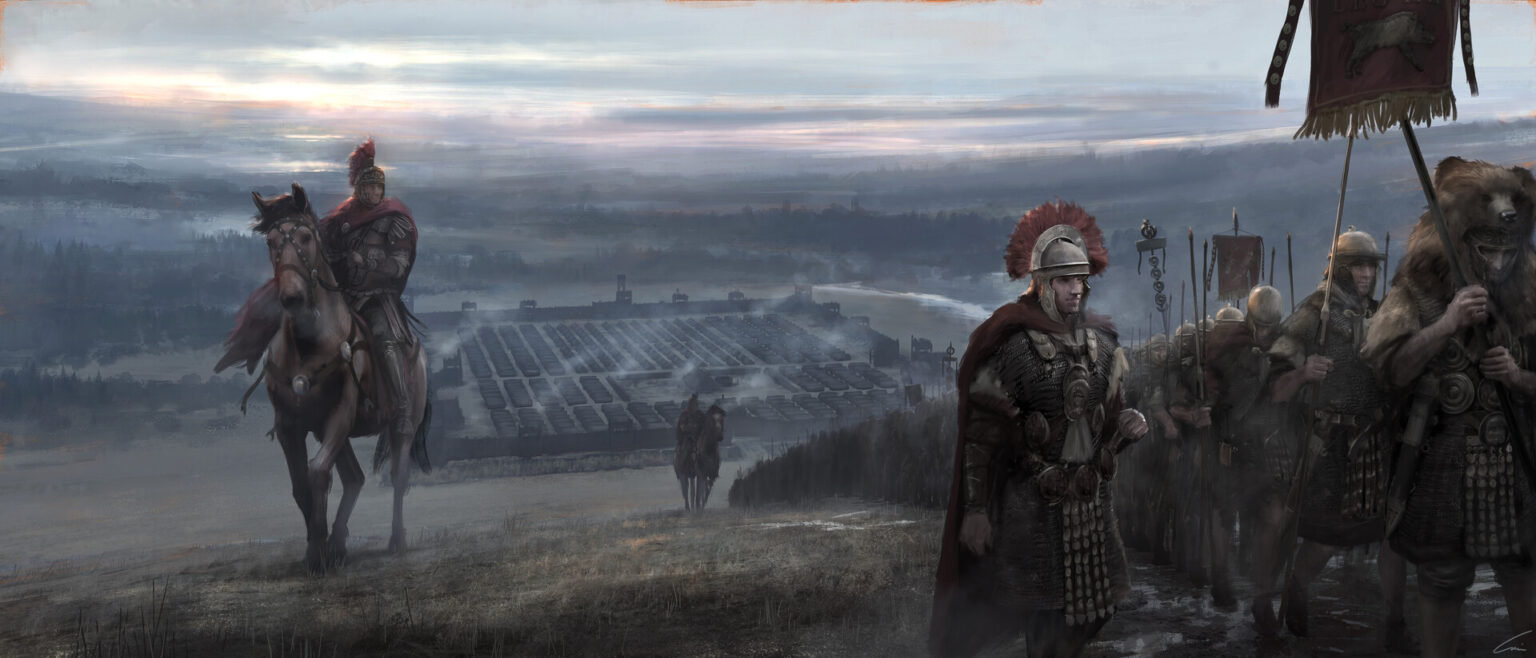 Roman legionaries marching away from their camp in bad weather, carrying full gear during a military campaign