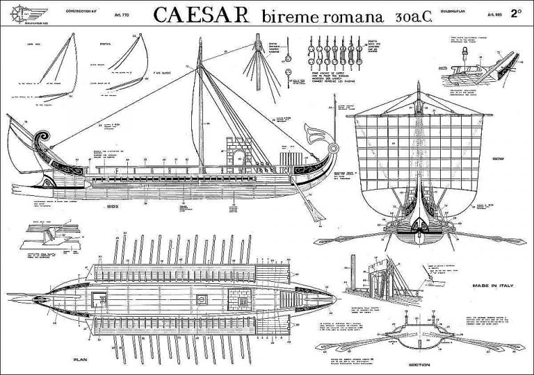Roman bireme warship with two rows of oars used by the Roman navy in early naval warfare and Mediterranean battles