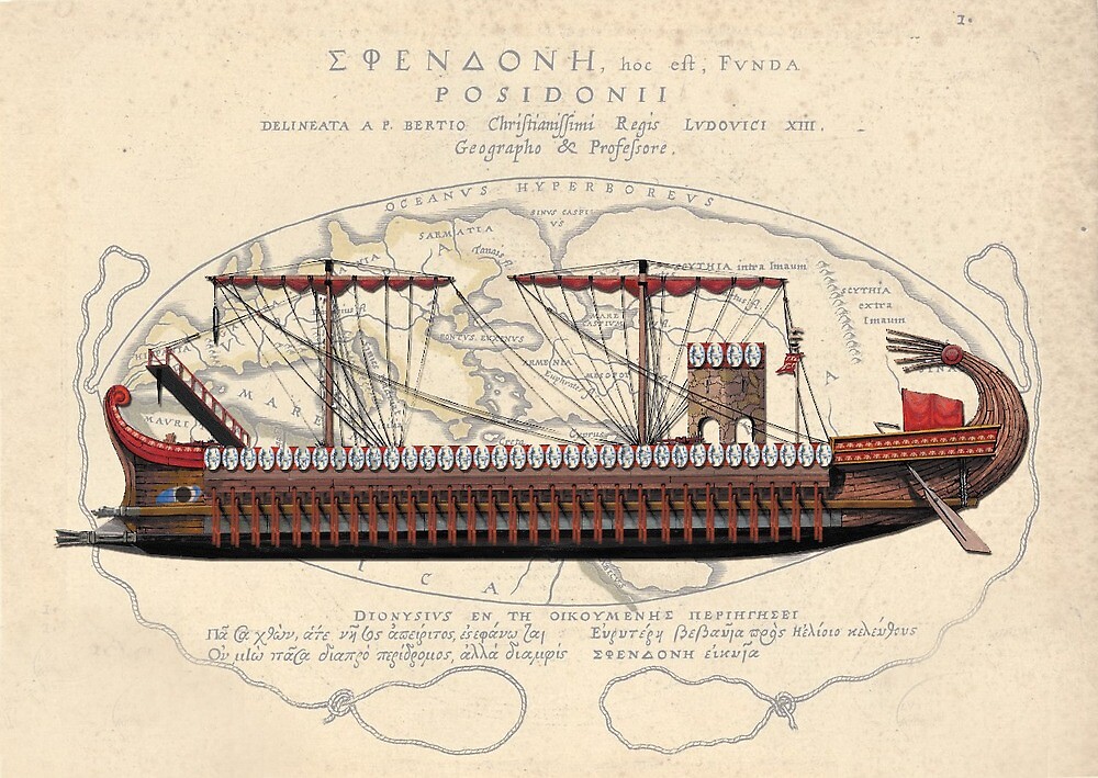 Roman quadrireme warship with four rows of oars used by the Roman navy for large-scale naval battles and troop transport