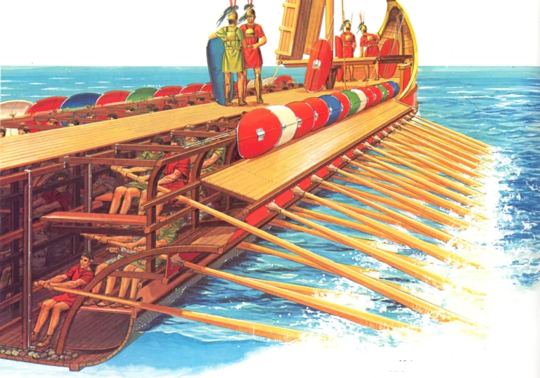 Roman quinquireme warship with five rows of oars used by the Roman navy for major naval battles and transporting soldiers