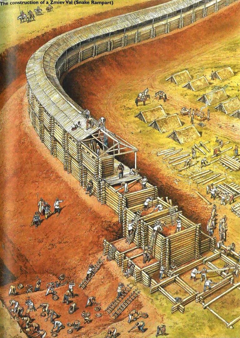 Roman soldiers digging a trench as part of fortification and battlefield preparations during military campaigns