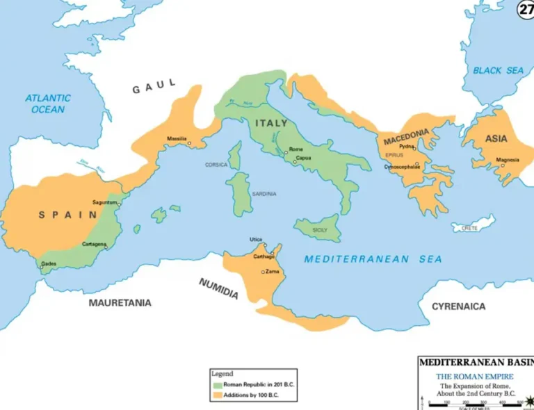 Map of the Second Punic War showing major campaigns of Rome and Carthage, including Hannibal’s march across the Alps and key battles