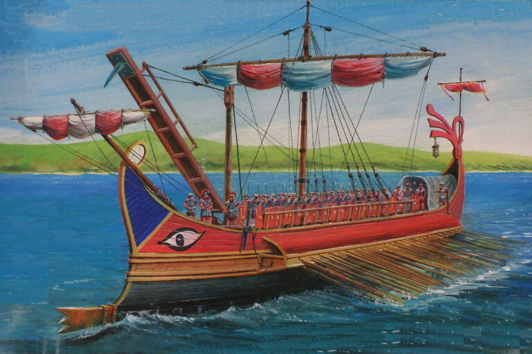 Trireme, an ancient warship with three rows of oars used by Mediterranean civilizations for naval battles and maritime dominance