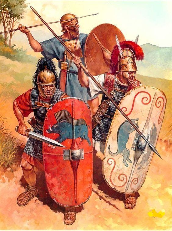 Roman triarii, hastati, and principes arranged in battle formation, representing the layered manipular system of the Roman legion