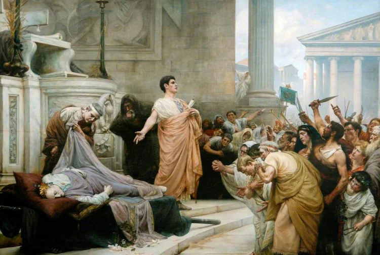Mark Antony delivering a speech in Rome, addressing the public during a pivotal moment in the late Roman Republic
