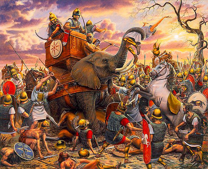 Battle scene of Pyrrhic elephants charging Roman legions, showing war elephants used by Pyrrhus of Epirus against Roman infantry