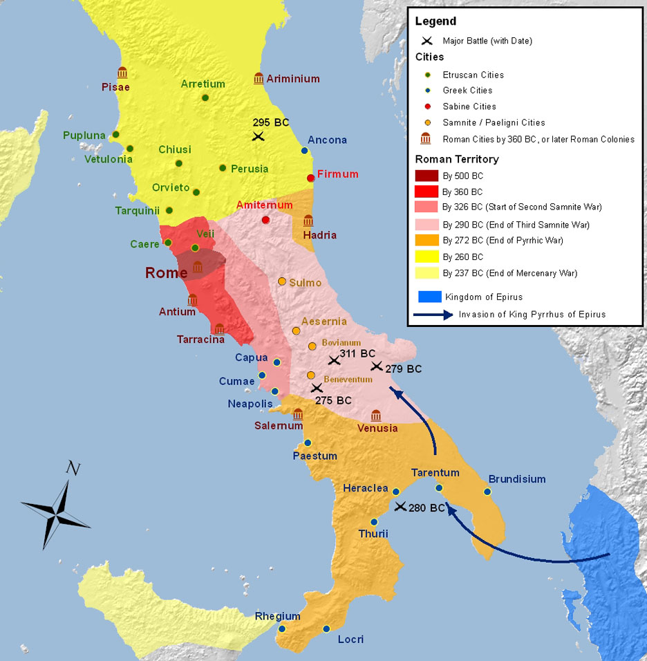 Map of Italy around 280 BC showing regional factions including Etruscans, Greeks, and Italic peoples during early Roman expansion