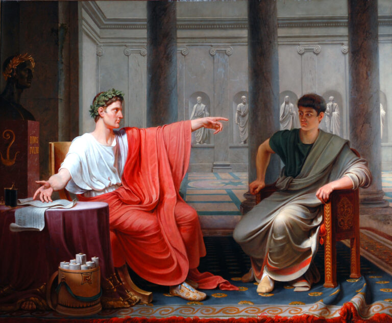 Emperor Augustus reprimanding a Roman general, illustrating discipline and authority within the early Roman Empire
