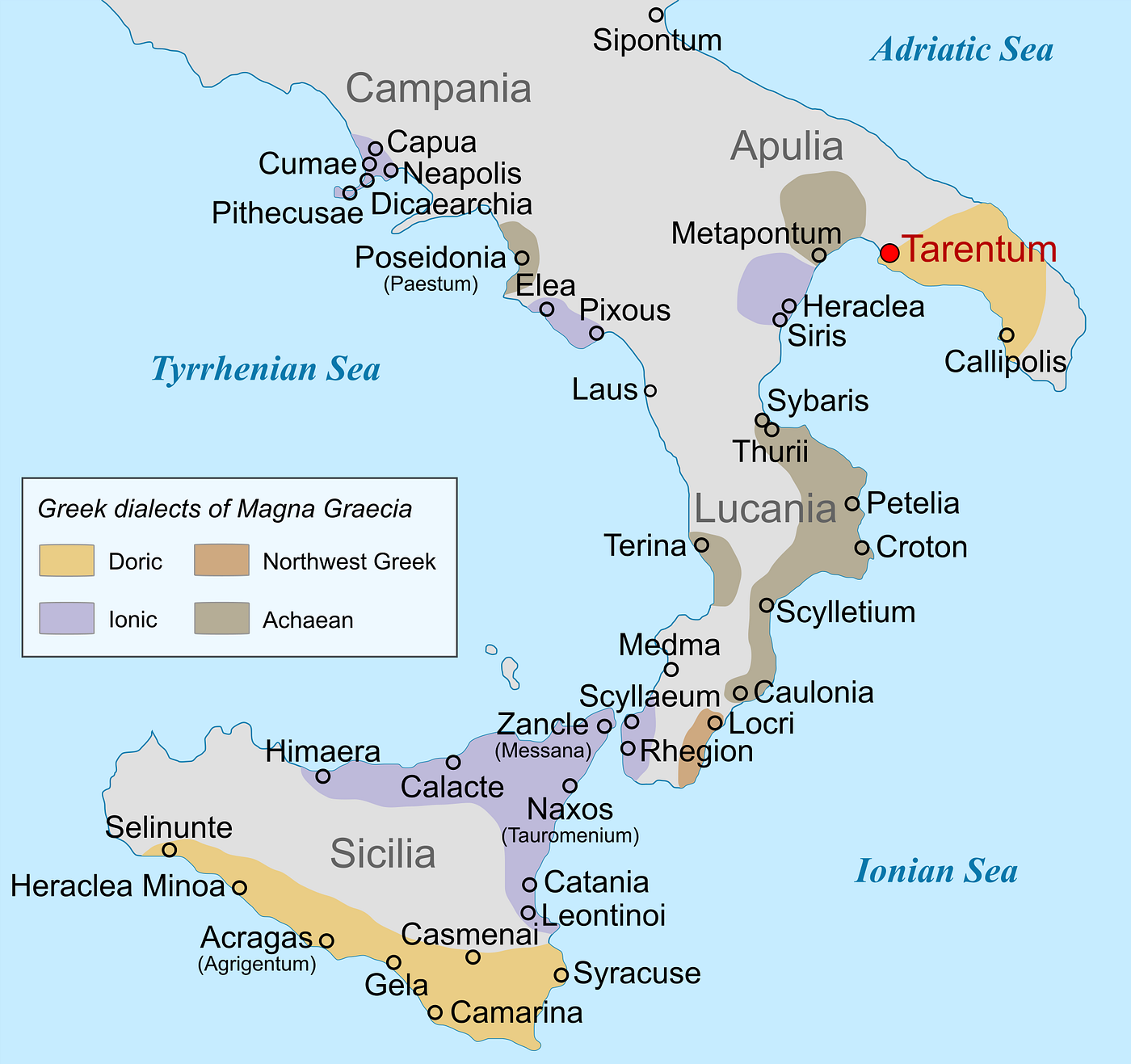 Map of southern Italy showing the location of Tarentum, an important Greek city involved in early conflicts with Rome