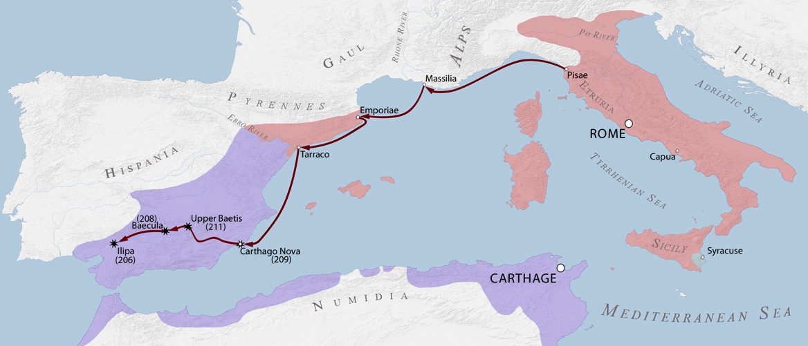 Map showing territories controlled by Rome and Carthage in the Mediterranean during the Punic Wars and their struggle for dominance