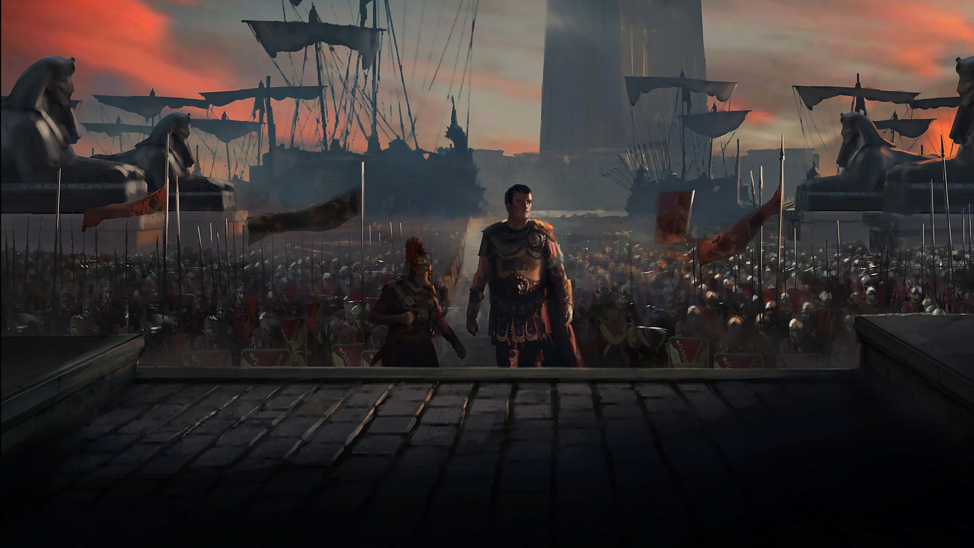 Julius Caesar arriving with Roman army in Alexandria during ancient Egyptian campaign
