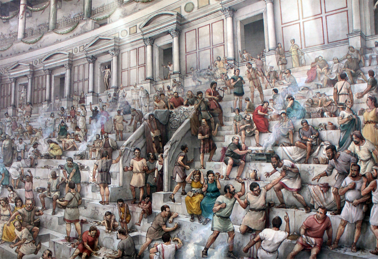 Brutal Roman naumachia depicting a violent naval battle reenactment with ships clashing and combat in a flooded arena