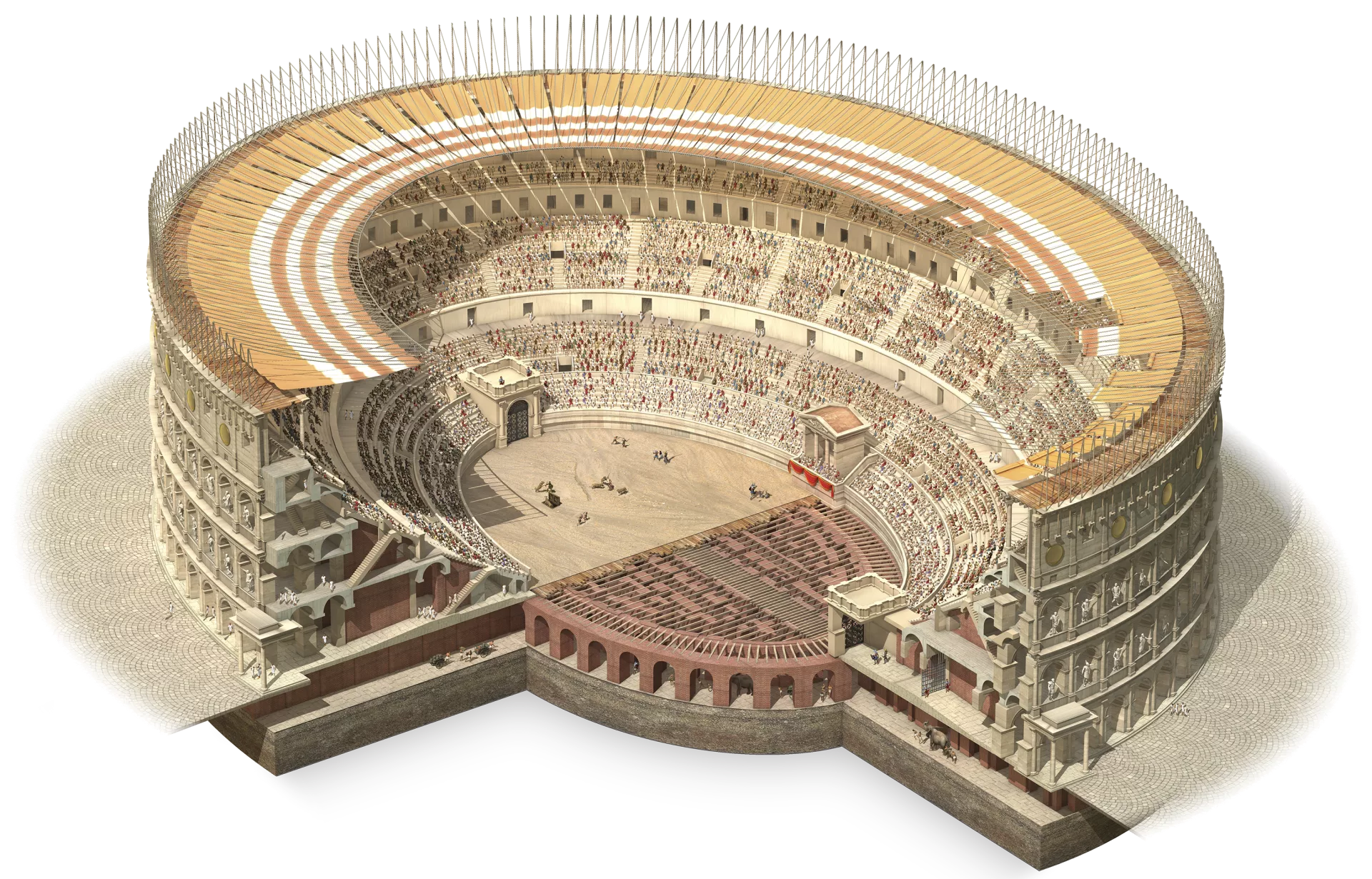 Architectural plan of the Colosseum showing its seating tiers, underground hypogeum, arena floor, and structural layout