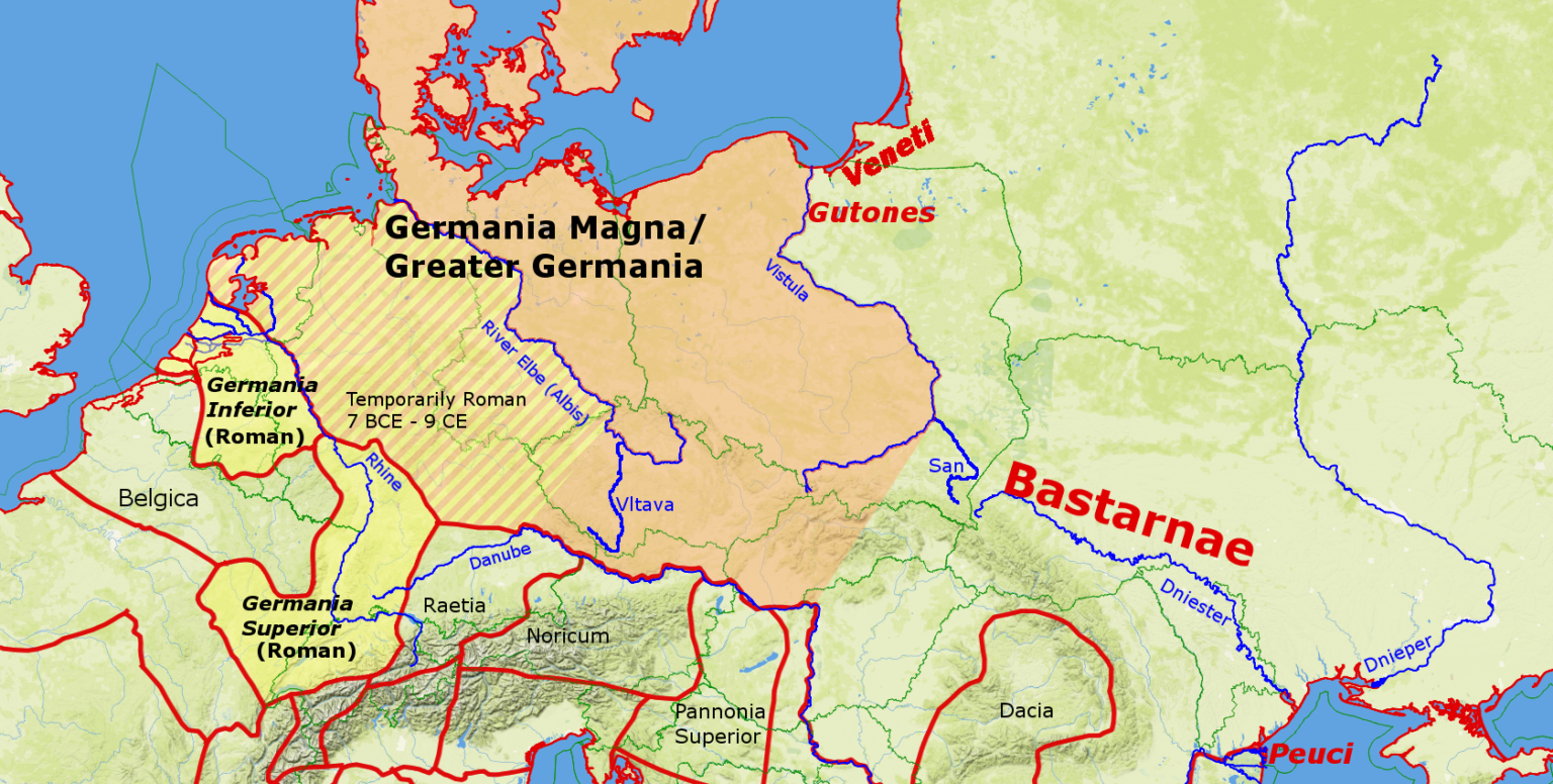 Map of ancient Germania showing Roman frontier regions and territories inhabited by various Germanic tribes beyond the Rhine River