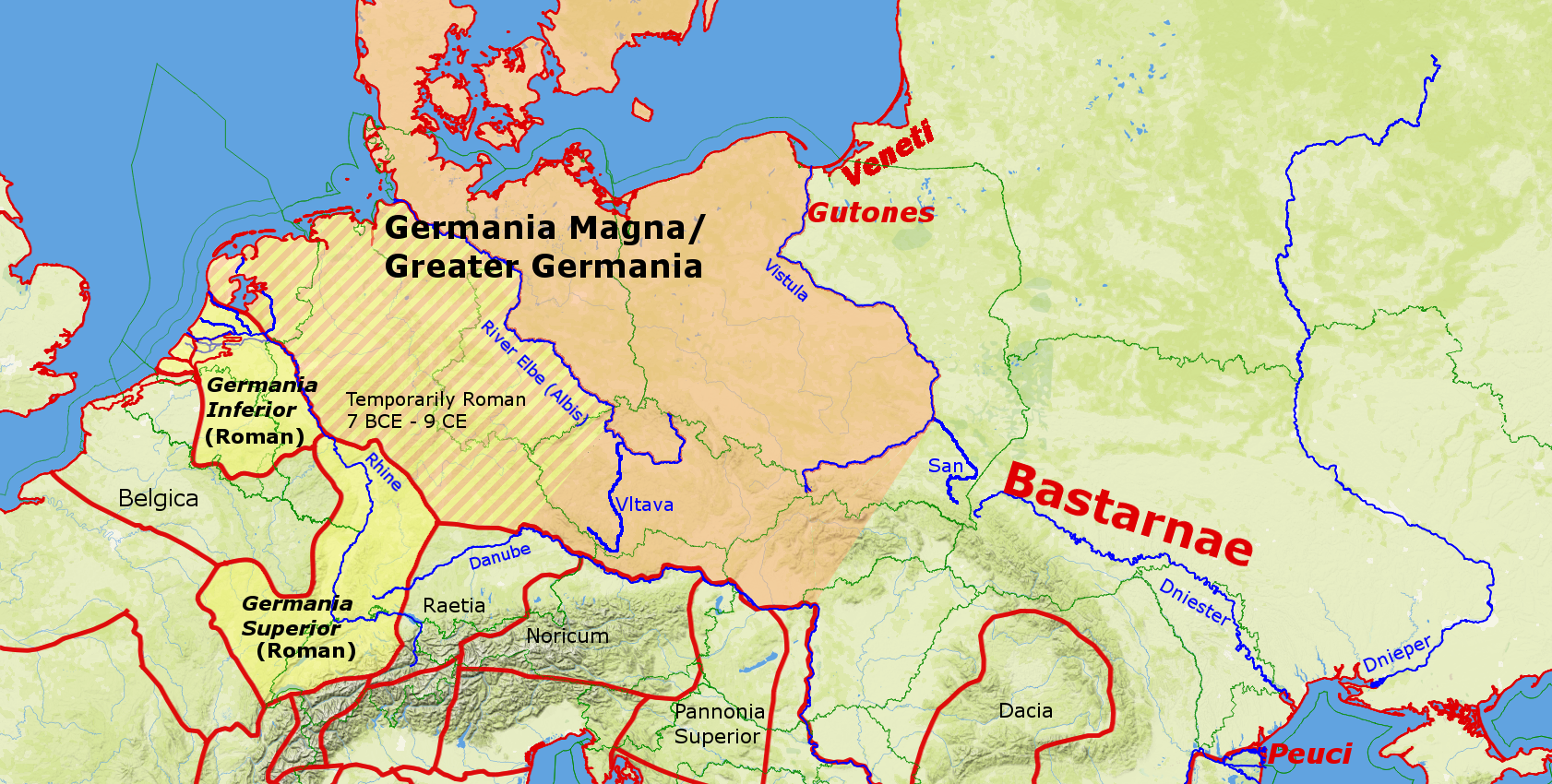 Map of ancient Germania showing Roman frontier regions and territories inhabited by various Germanic tribes beyond the Rhine River