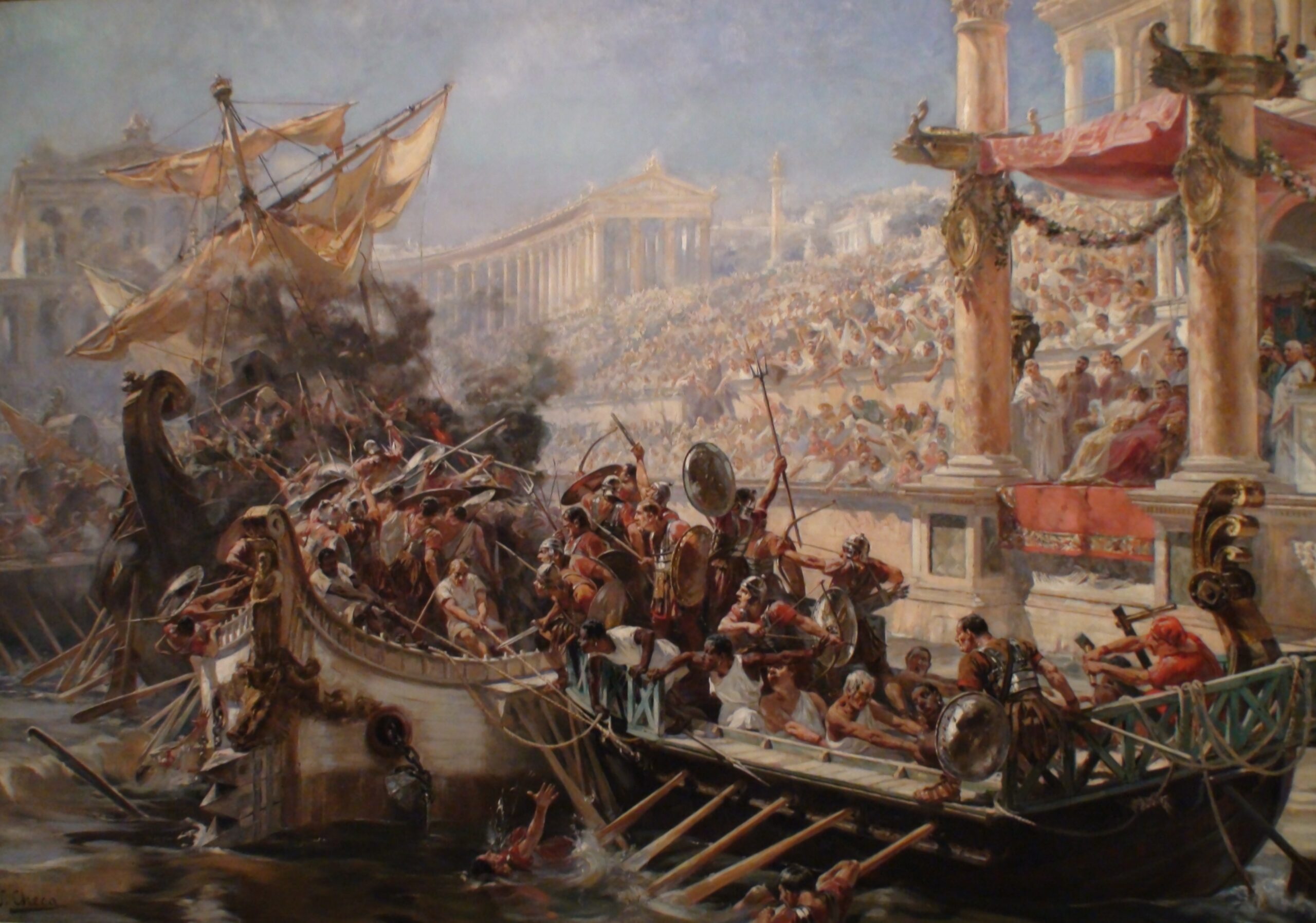 Naval battle reenactment inside the Colosseum, depicting a staged naumachia with ships and combat on a flooded arena