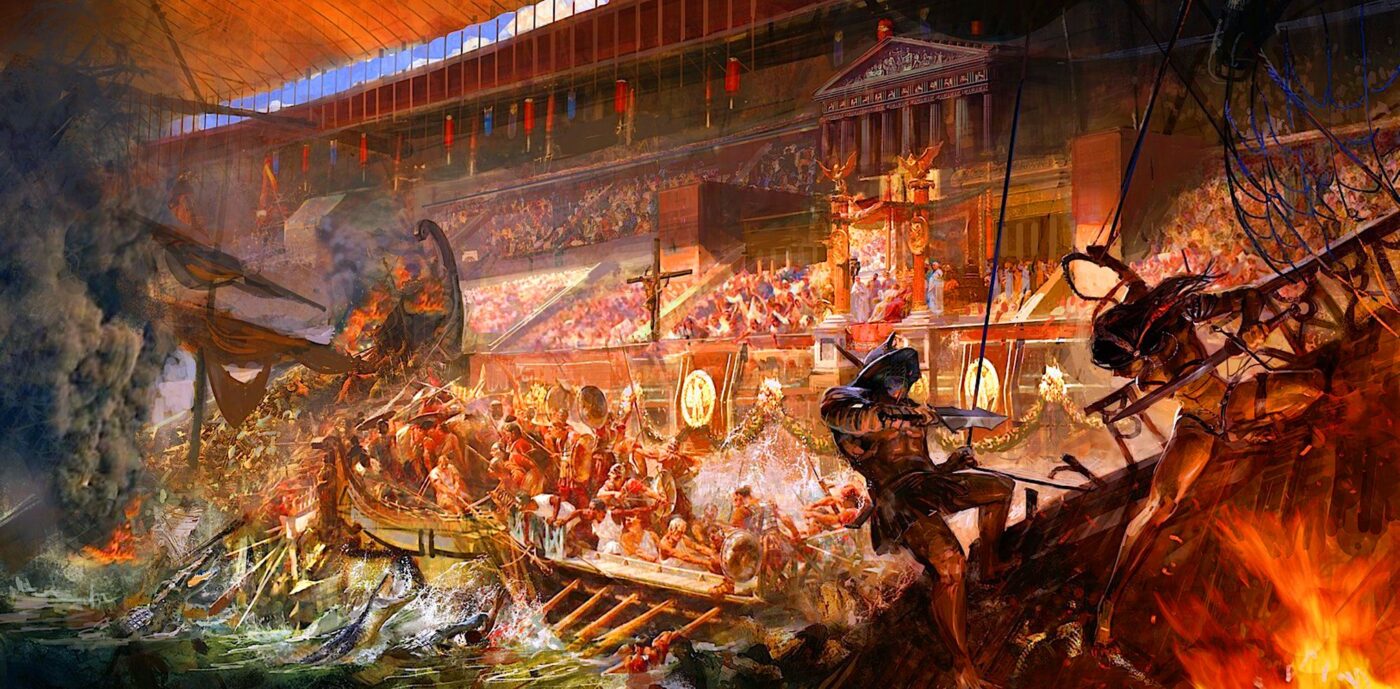 Brutal Roman naumachia depicting a violent naval battle reenactment with ships clashing and combat in a flooded arena