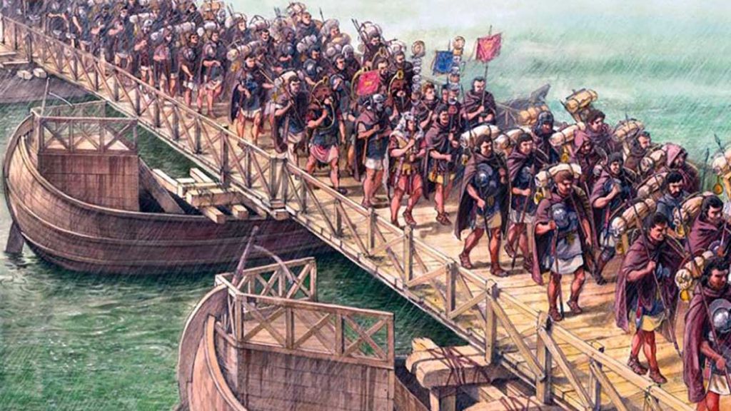 Roman legionaries marching in formation across a bridge during a military campaign, carrying full equipment and maintaining discipline