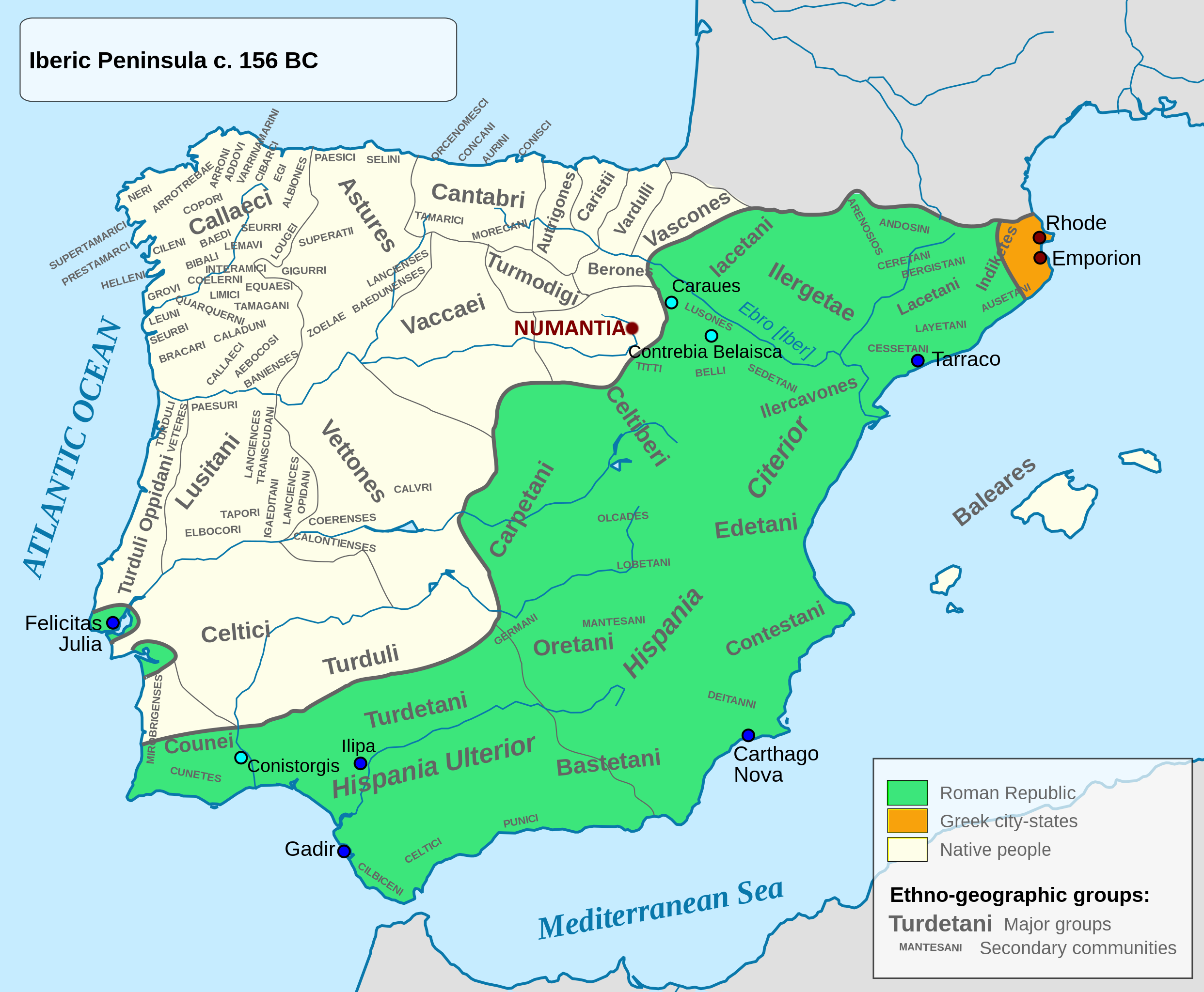 Map of Hispania in 156 BC showing Roman territories, tribal regions, and areas of conflict during Rome’s expansion in Iberia
