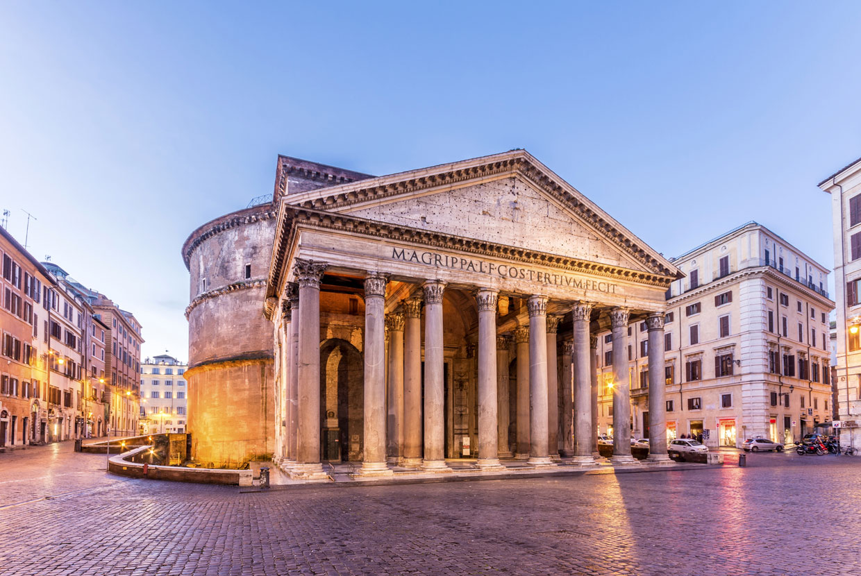 The Roman Pantheon in Rome, an ancient temple known for its massive dome and classical Roman architecture