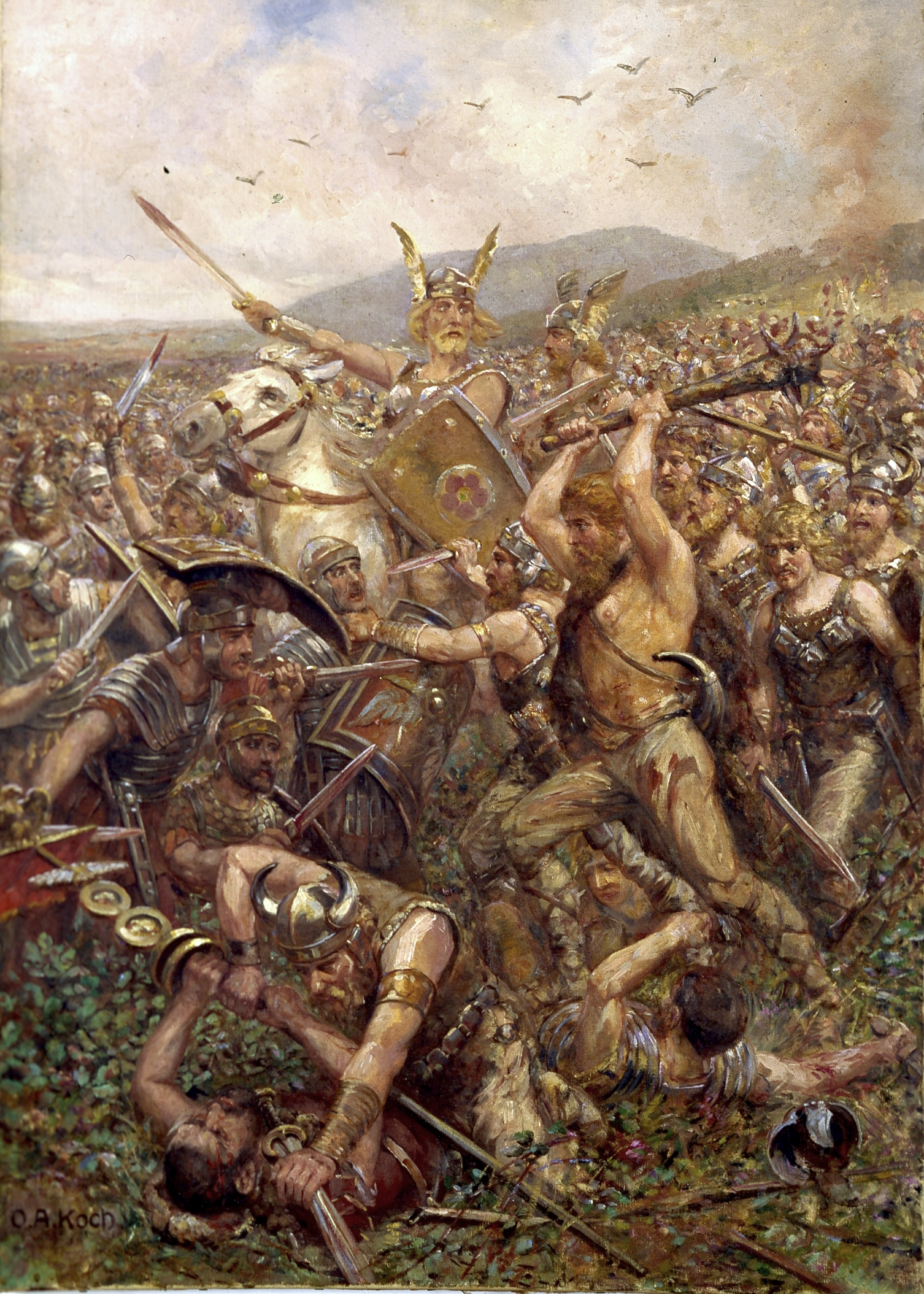 Roman legionaries engaged in battle against Germanic tribes during the Roman frontier conflicts in Germania
