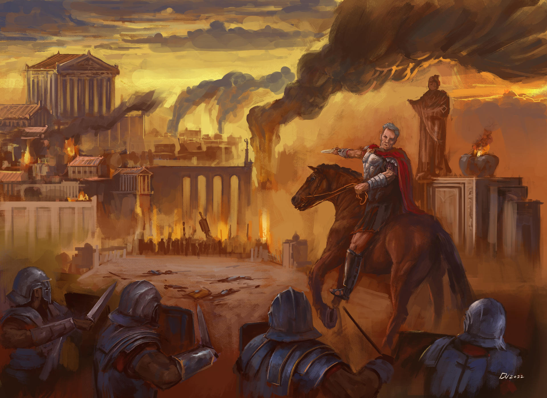 Roman army burning a city in Hispania during a civil war, depicting destruction and conflict between rival Roman factions