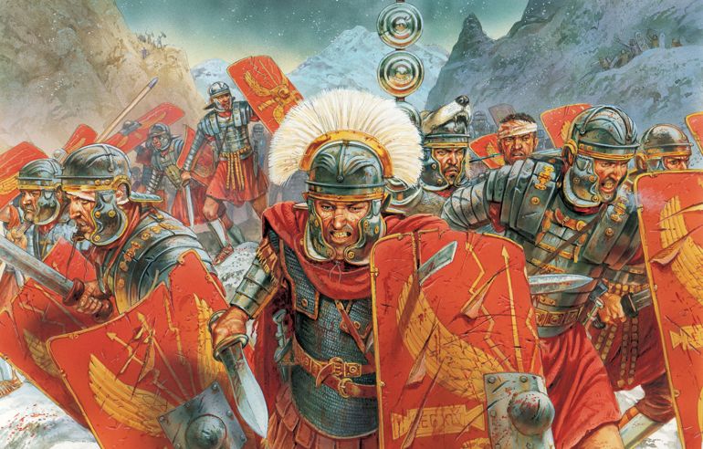 Roman legionaries fighting a battle in the mountains of Hispania during campaigns against local tribes in rugged terrain