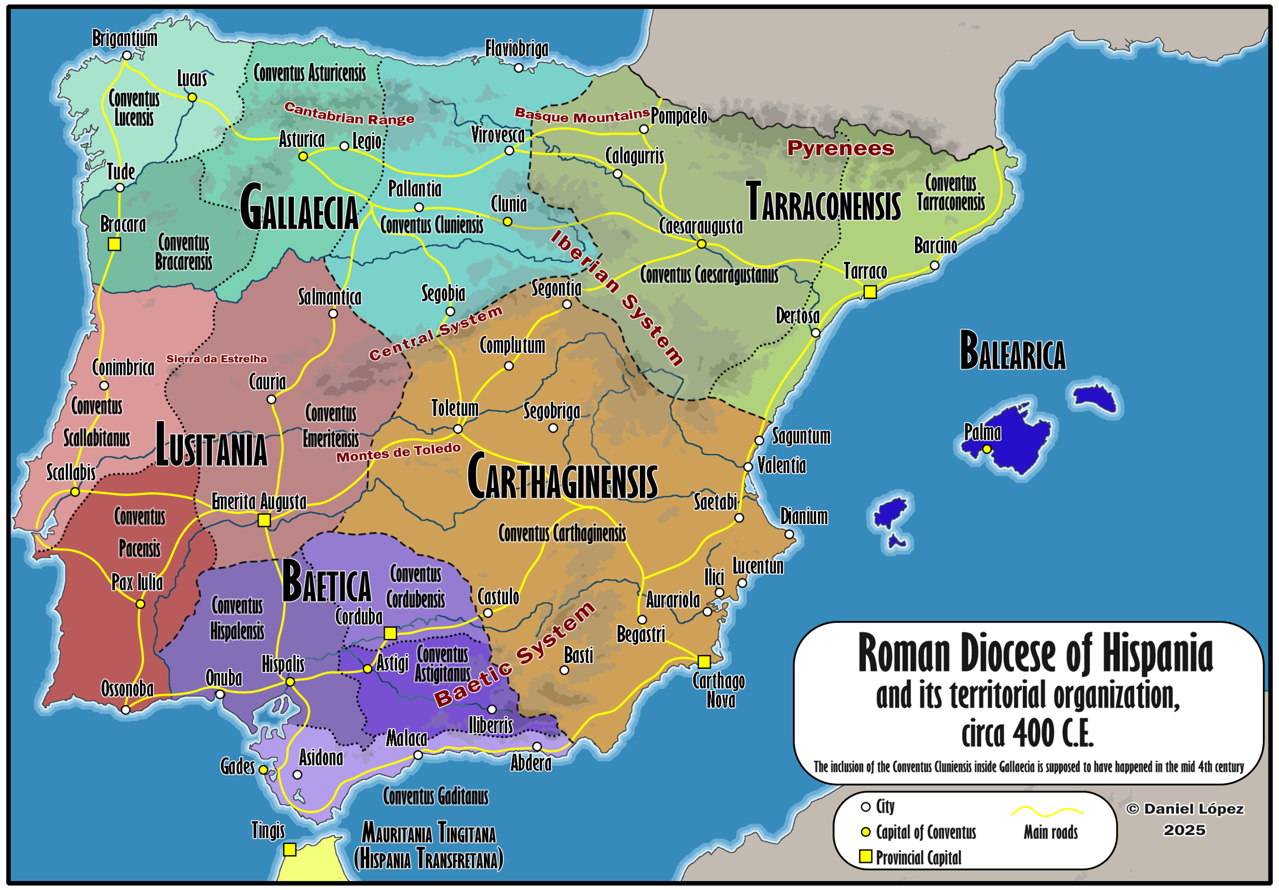 Map of Hispania in 400 CE showing late Roman provinces and administrative divisions during the decline of the Western Roman Empire