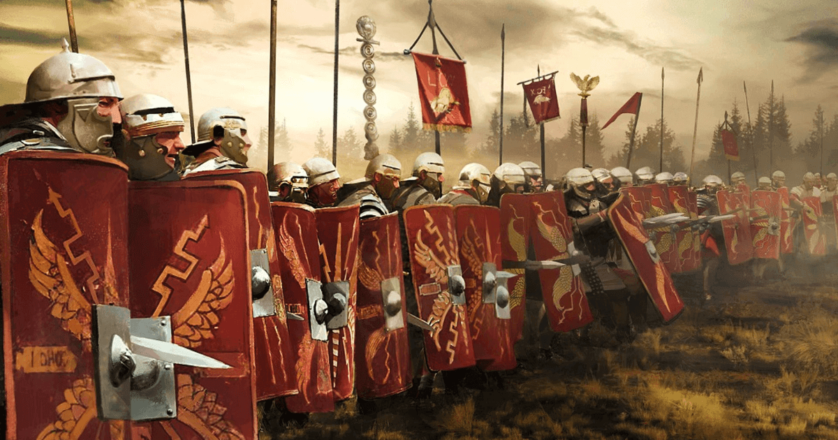 Roman soldiers marching in disciplined battle formation, demonstrating tight ranks and coordinated movement of legionary infantry