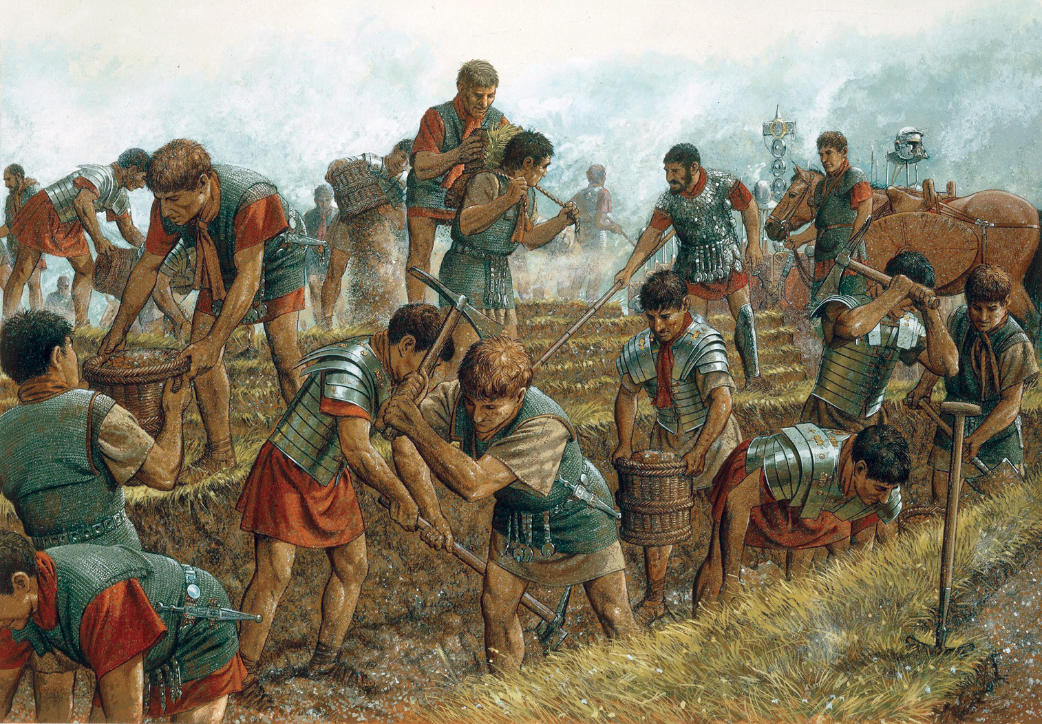 Roman legionaries working on construction tasks such as building roads, fortifications, and military camps during campaigns
