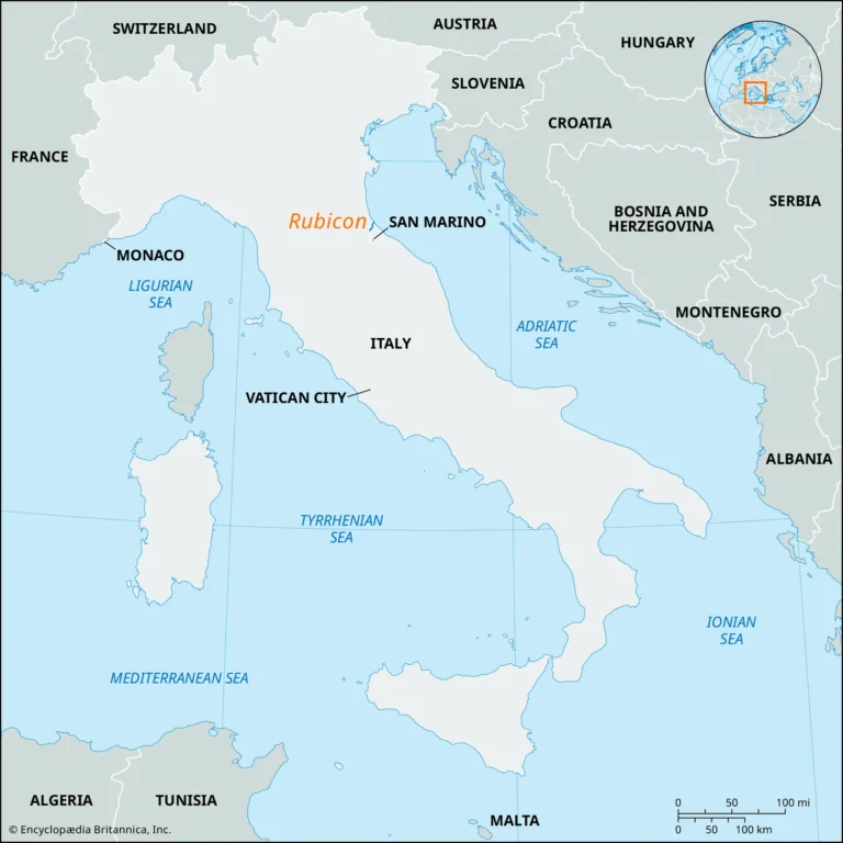Map of ancient Italy highlighting the Rubicon River, marking the boundary between Cisalpine Gaul and Roman Italy during Julius Caesar’s time