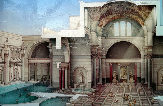 Baths of Caracalla in ancient Rome, a massive public bathing complex featuring pools, halls, and gym areas