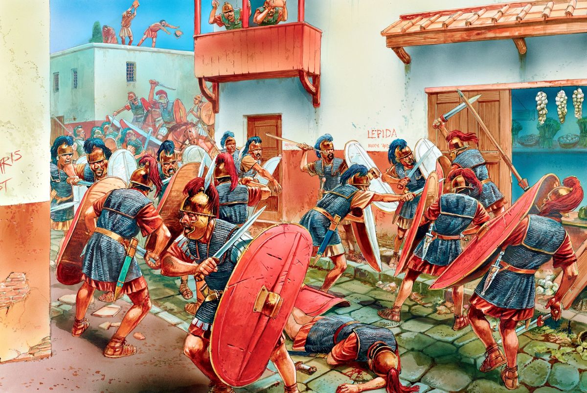 Roman soldiers battling Egyptian forces during brutal street fighting in the Siege of Alexandria