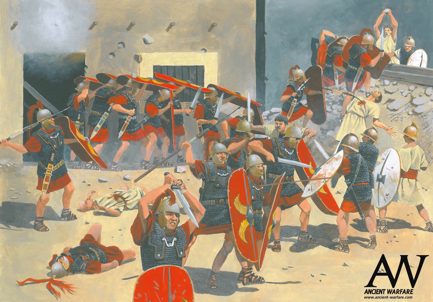 Roman legionaries clash with Egyptian defenders in chaotic street combat during Alexandria siege